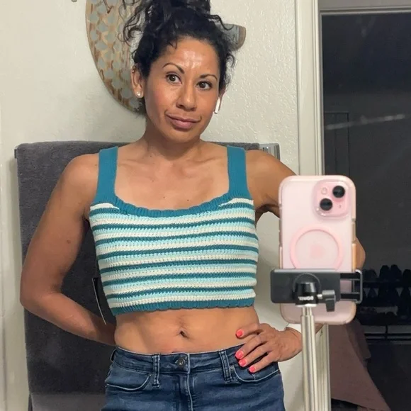 Wild Fable Turquoise and Cream Striped Knit Top - Picture 2 of 4